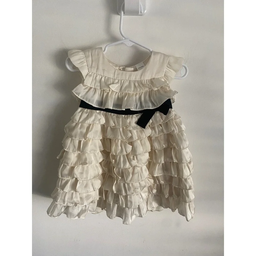 BabyGap Cream Ruffle‎ Dress Black Ribbon Bow Special Occasion 12 18 Months